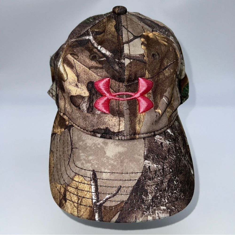 Under Armour Brown Tone Camouflage Snap Back Hat with Pink Logo and Spell Out-OS